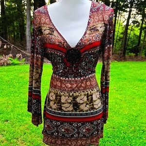 Susan Lawrence Y2K Western Boho Beaded Aztec Print Soft Long Tunic Top